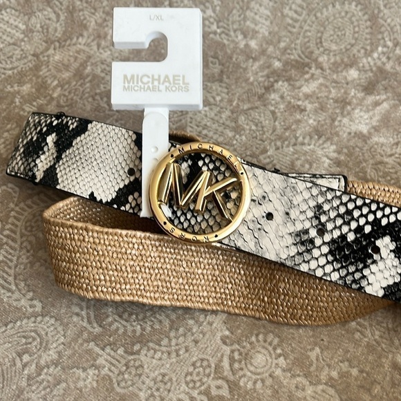 Brand New Michael Kors Black & White Snakeskin Woven Stretch Belt Gold Tone Logo main image 14